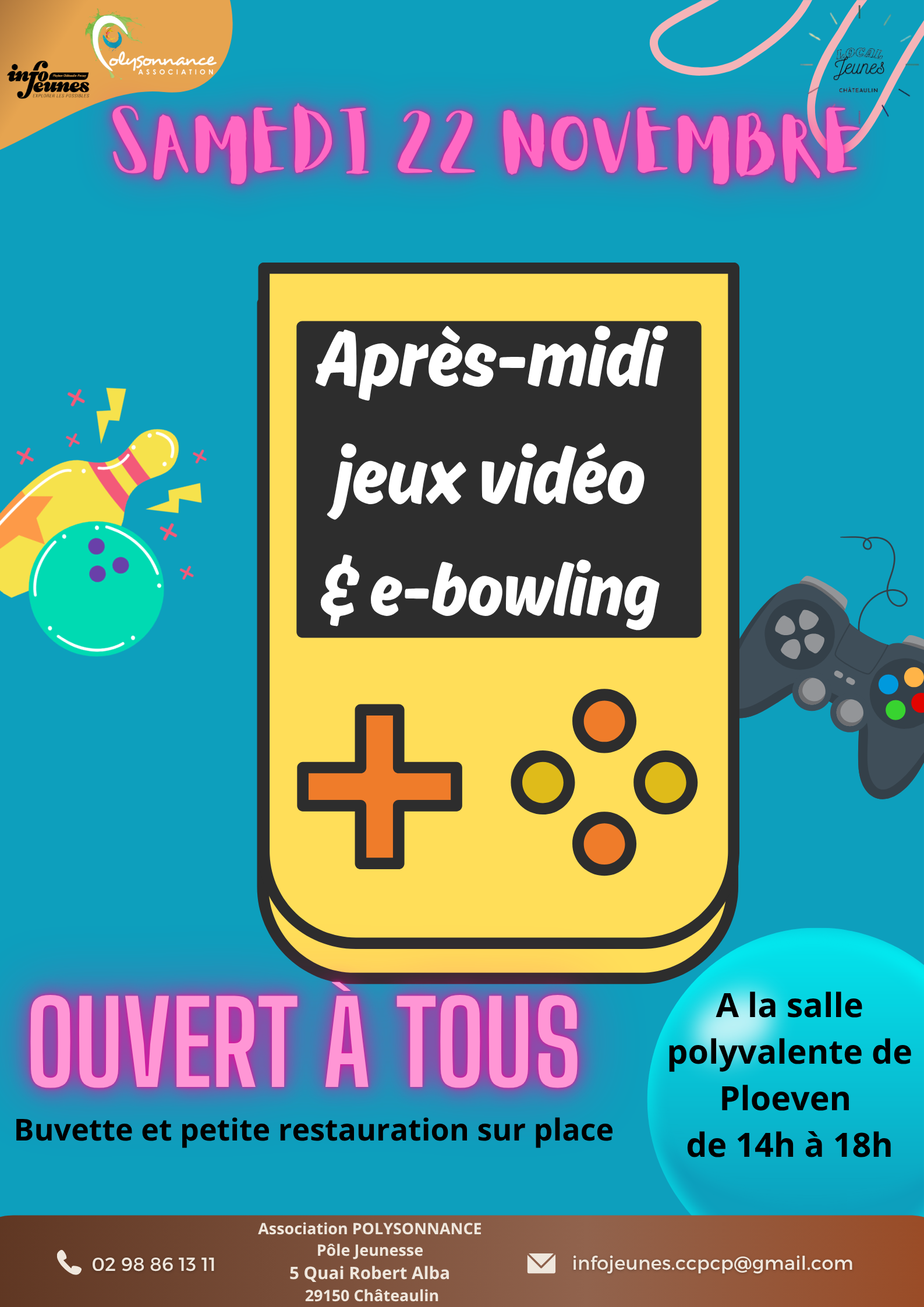 Une après-midi jeux vidéo à Ploeven le samedi 22 novembre, de 14h à 18h; ouverte à tous, débutants et confirmés, petits, grands et très grands!!!!!