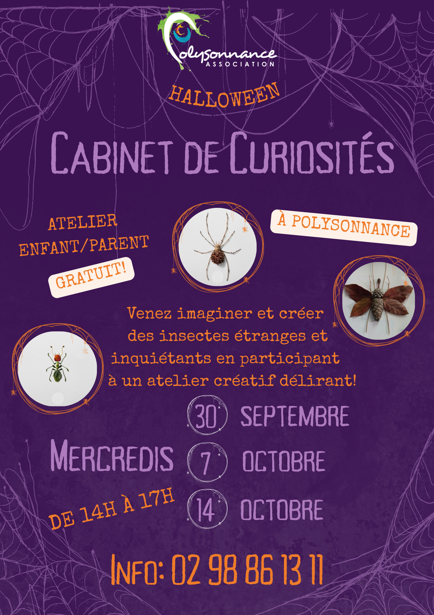 Atelier créatif pour les enfants accompagnés de leurs parents (ou le contraire!!) mercredi 30 septembre, 7 et 14 octobre de 14h à 17h. Gratuit et sans inscription! Info: 02 98 86 13 11