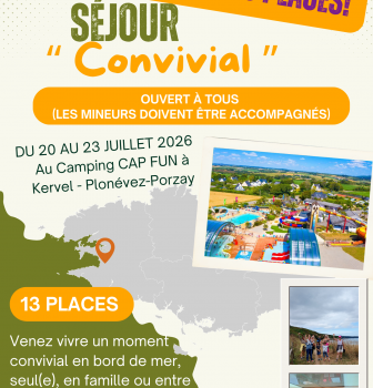 Partez pour un séjour convivial en solo, duo ou en famille (mineurs accompagnés) au CAP FUN de Kervel avec Polysonnance du 20 au 23 juillet 2026.Il ne reste plus que 5 places alors n&rsquo;hésitez plus!