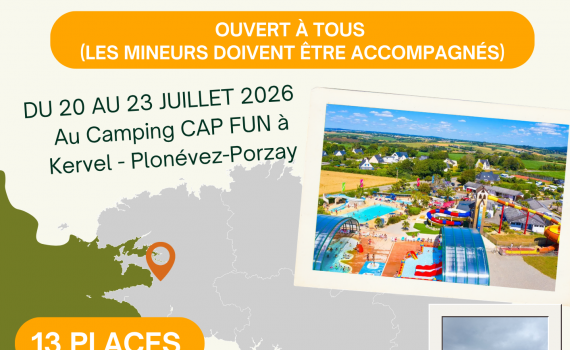 Partez pour un séjour convivial en solo, duo ou en famille (mineurs accompagnés) au CAP FUN de Kervel avec Polysonnance du 20 au 23 juillet 2026.Il ne reste plus que 5 places alors n&rsquo;hésitez plus!