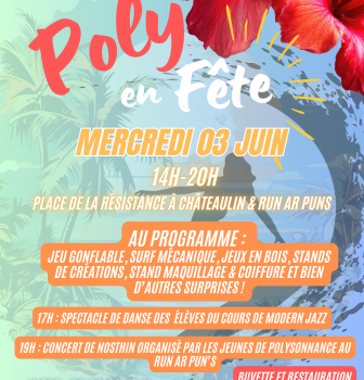 C&rsquo;est mercredi prochain 3 JUIN à partir de 14h, place de la Résistance à Châteaulin! Avec jeu gonflable, surf mécanique et bien d&rsquo;autres surprises pour un POLY EN FETE de folie!!!! Gratuit et sans inscription: que du plaisir!!!!!!!!!!!