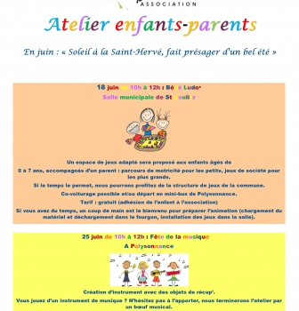 ATELIER PARENT-ENFANT : 18 JUIN « bébéludo » à Saint Coulitz et 25 JUIN : Fête de la musique à Polysonnance