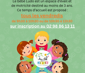Le Bébé Ludo vous accueille dans la Ludothèque uniquement les vendredis à 9h30 ou 10h30 sur réservation au 02 98 86 13 11