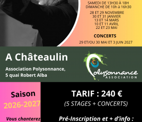 Polysonnance accueille le Choeur Ephémère à la rentrée prochaine. Rendez-vous pour 5 sessions de chorale de 2 jours, dirigées par Pierre Figaro et accompagnées au piano par Claire Prevot. Pour vous inscrire, toutes les infos au 02 98 86 13 11
