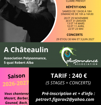 Polysonnance accueille le Choeur Ephémère à la rentrée prochaine. Rendez-vous pour 5 sessions de chorale de 2 jours, dirigées par Pierre Figaro et accompagnées au piano par Claire Prevot. Pour vous inscrire, toutes les infos au 02 98 86 13 11