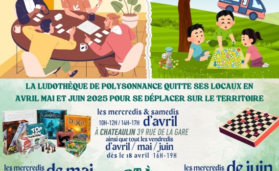 La Ludothèque de Polysonnance sera en itinérance les mois de MAI et JUIN 2025, vous pouvez retrouver le programme sur l’affiche qui suit :