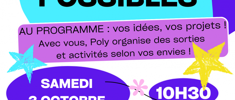 Rendez-vous mensuel pour vos envies, vos projets, vos rêves!!!!!! La Fabrique des Possibles c&rsquo;est samedi 3 octobre à 10h30 à Polysonnance! Suivi d&rsquo;un repas partagé. Sans inscription. Info: 02 98 86 13 11