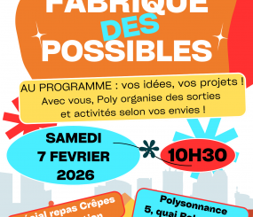 Venez imaginer le prochain programme des activités de Polysonnance ce samedi 7 février à partir de 10h30. Suivi d&rsquo;un spécial repas crêpes sur inscription au 02 98 86 13 11 jusqu&rsquo;au 5 février!!!