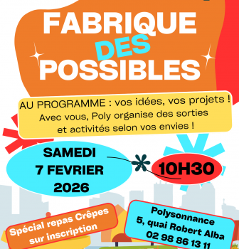 Venez imaginer le prochain programme des activités de Polysonnance ce samedi 7 février à partir de 10h30. Suivi d&rsquo;un spécial repas crêpes sur inscription au 02 98 86 13 11 jusqu&rsquo;au 5 février!!!
