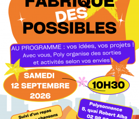 Premier rendez-vous de la rentrée à ne pas manquer: la Fabrique des Possibles au Local Jeunes de Polysonnance. Un moment convivial pour réaliser vos projets de sorties, d&rsquo;activités, de séjours… Info: 02 98 86 13 11