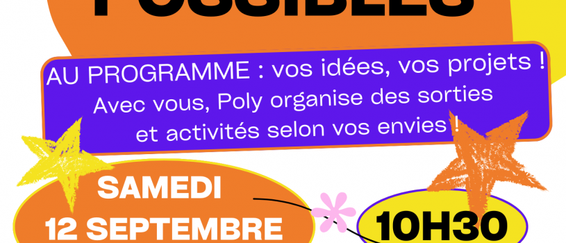Premier rendez-vous de la rentrée à ne pas manquer: la Fabrique des Possibles au Local Jeunes de Polysonnance. Un moment convivial pour réaliser vos projets de sorties, d&rsquo;activités, de séjours… Info: 02 98 86 13 11
