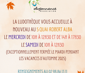 Venez jouer à la Ludothèque de Polysonnance pendant les vacances le mercredi de 10h à 12h30 et de 14h à 17h30, le samedi de 10h à 12h30 au 5 quai Robert Alba. renseignements: 02 98 86 13 11
