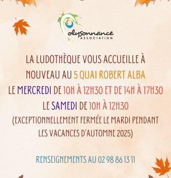 Venez jouer à la Ludothèque de Polysonnance pendant les vacances le mercredi de 10h à 12h30 et de 14h à 17h30, le samedi de 10h à 12h30 au 5 quai Robert Alba. renseignements: 02 98 86 13 11