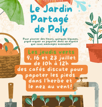 Voici venir les jeudis verts: 9, 16 et 23 juillet de 10h à 12h: des cafés discute pour papoter les pieds dans l’herbe et le nez au vent! Jardin Partagé de Poly à Quimill, info: 02 98 86 13 11