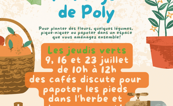 Voici venir les jeudis verts: 9, 16 et 23 juillet de 10h à 12h: des cafés discute pour papoter les pieds dans l’herbe et le nez au vent! Jardin Partagé de Poly à Quimill, info: 02 98 86 13 11