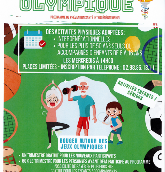 Vous avez plus de 50 ans et vous voulez bouger votre corps avec des activités physiques adaptées: rendez-vous les mercredis de 14h à 15h30 avec Polysonnance et Sport Santé Nutrition! Les 10 premières séances sont gratuites et vous pouvez venir avec vos enfants ou petits-enfants (de 6 à 16 ans)!!! Info: 02 98 86 13 11