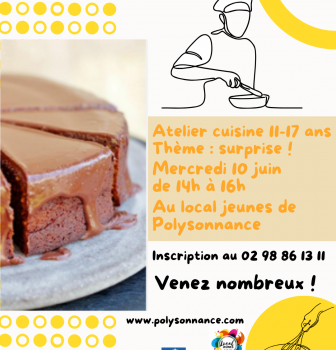 Atelier cuisine au Local Jeunes pour les mineurs non accompagnés de 11 à 17 ans le Mercredi 10 juin de 14h à 16h. Info: 02 98 86 13 11