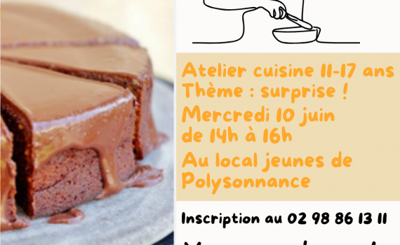 Atelier cuisine au Local Jeunes pour les mineurs non accompagnés de 11 à 17 ans le Mercredi 10 juin de 14h à 16h. Info: 02 98 86 13 11
