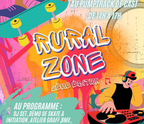 Moment festif gratuit, à partager entre amis, en famille, avec surf mécanique et granités à gogo!!!! C&rsquo;est la RURAL ZONE au Pumptrack de Cast le mercredi 17 juin de 14h à 17h. Info: 02 98 86 13 11
