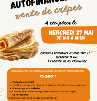 Vente de crêpes à Polysonnance! Réalisées par les jeunes du secteur jeunesse, les recettes serviront à financer leurs projets! Les coupons de commande sont à retirer à l&rsquo;accueil de Poly jusqu&rsquo;au 13 mai 2026. Plus d&rsquo;infos: 02 98 86 13 11
