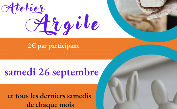 Les ateliers Argile sont ouverts aux enfants et parents tous les derniers samedis de chaque mois. Prochain rendez-vous le samedi 26 septembre de 11h30 à 12h30. Seulement 2€ par participant (+adhésion à Poly). Sur inscription au 02 98 86 13 11