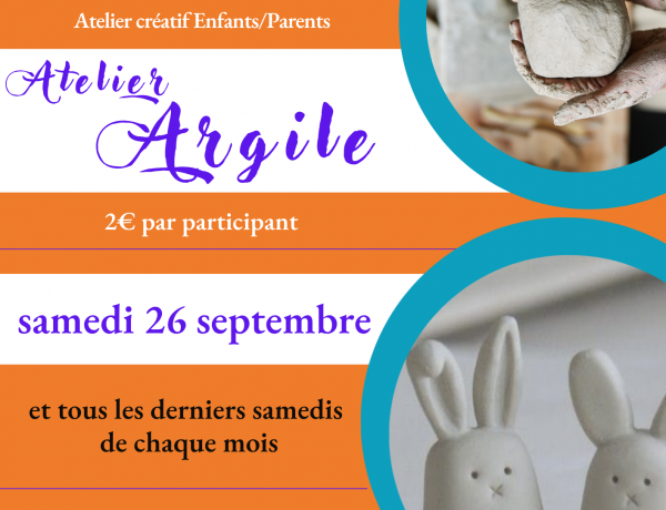 Les ateliers Argile sont ouverts aux enfants et parents tous les derniers samedis de chaque mois. Prochain rendez-vous le samedi 26 septembre de 11h30 à 12h30. Seulement 2€ par participant (+adhésion à Poly). Sur inscription au 02 98 86 13 11