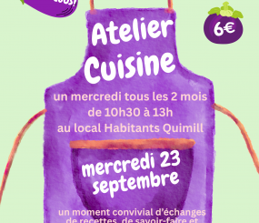 Il reste de la place pour cet atelier Cuisine tout en saveurs et convivialité!!!! pour les adultes et mineurs accompagnés le mercredi 23 septembre de 10h30 à 13h au local habitant Quimill! Inscriptions: 02 98 86 13 11