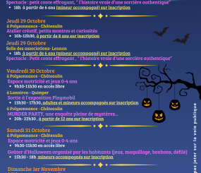 N&rsquo;hésitez pas à nous rejoindre pour ce moment festif riche en activités et surprises! Il reste encore des places pour les Histoires effrayantes, la Murder Party, le goûter d&rsquo;Halloween….Info et inscription au 02 98 86 13 11. Polysonnance reste ouvert pour l&rsquo;événement mais le secrétariat sera fermé à partir du mercredi 28 octobre à 12h, réouverture lundi 2 novembre à 14h.Merci de votre compréhension!