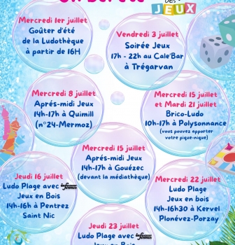 La Ludothèque vous accueille cet après-midi avec, à 16h, un goûter pour fêter l&rsquo;été! Réouverture en septembre et en attendant retrouvez la Ludo à Trégarvan, Gouézec, Quimill, Pentrez, Lestrevet, Kervel…. Info: 0298 86 13 11