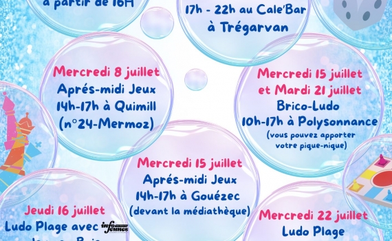 La Ludothèque vous accueille cet après-midi avec, à 16h, un goûter pour fêter l&rsquo;été! Réouverture en septembre et en attendant retrouvez la Ludo à Trégarvan, Gouézec, Quimill, Pentrez, Lestrevet, Kervel…. Info: 0298 86 13 11