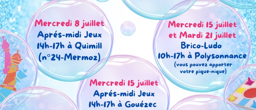 La Ludothèque vous accueille cet après-midi avec, à 16h, un goûter pour fêter l&rsquo;été! Réouverture en septembre et en attendant retrouvez la Ludo à Trégarvan, Gouézec, Quimill, Pentrez, Lestrevet, Kervel…. Info: 0298 86 13 11
