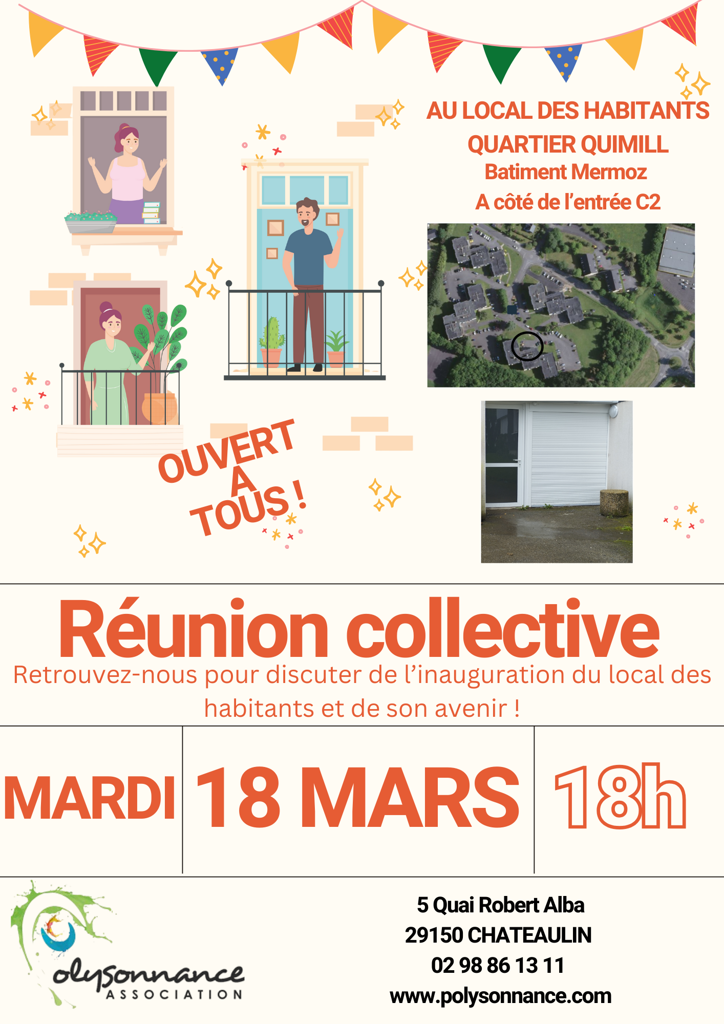 Polysonnance vous invite au local à Quimill le mardi 18 mars 2025 à 18h, pour réfléchir de manière collective au potentiel de ce nouveau lieu.