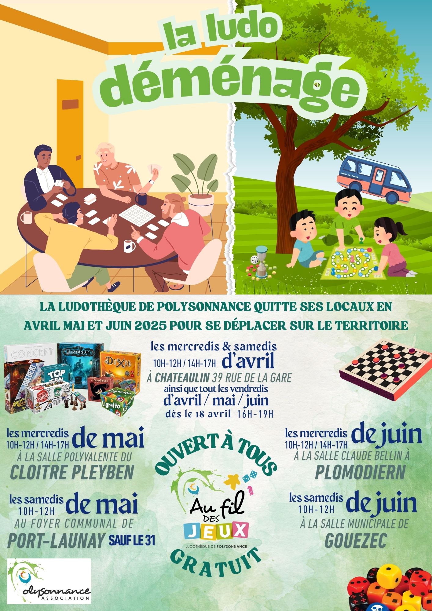 La Ludothèque de Polysonnance sera en itinérance les mois de MAI et JUIN 2025, vous pouvez retrouver le programme sur l’affiche qui suit :
