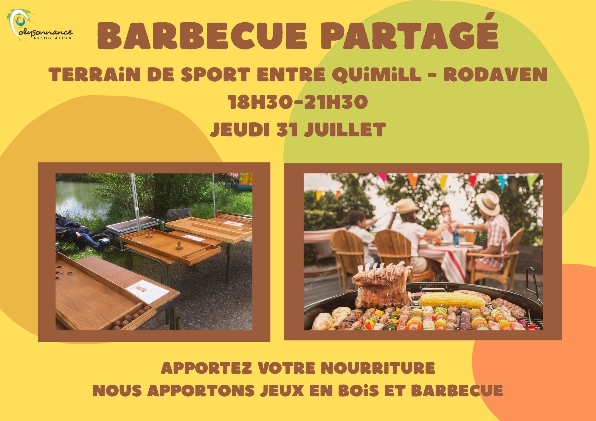 Barbecue reporté au jeudi 31 juillet 2025 à 18h30 au terrain de sport entre Quimill et Rodaven, pour une soirée gourmande et ludique!! Informations: 02 98 86 13 11