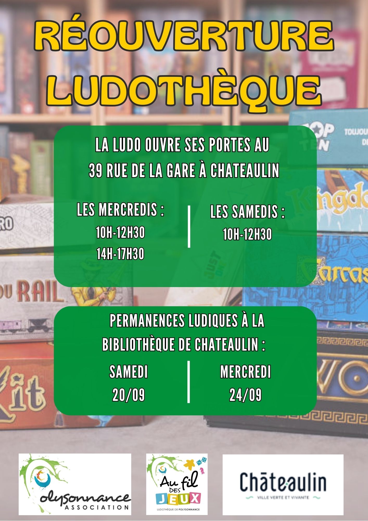 La Ludothèque revient à partir du 17 septembre 2025 au 39 rue de la Gare. Info: 02 98 86 13 11