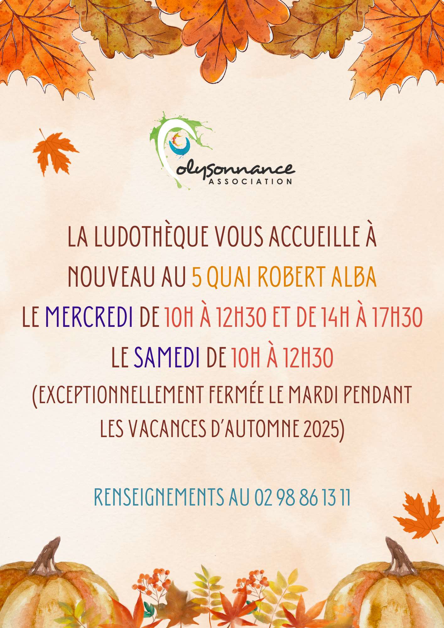 Venez jouer à la Ludothèque de Polysonnance pendant les vacances le mercredi de 10h à 12h30 et de 14h à 17h30, le samedi de 10h à 12h30 au 5 quai Robert Alba. renseignements: 02 98 86 13 11