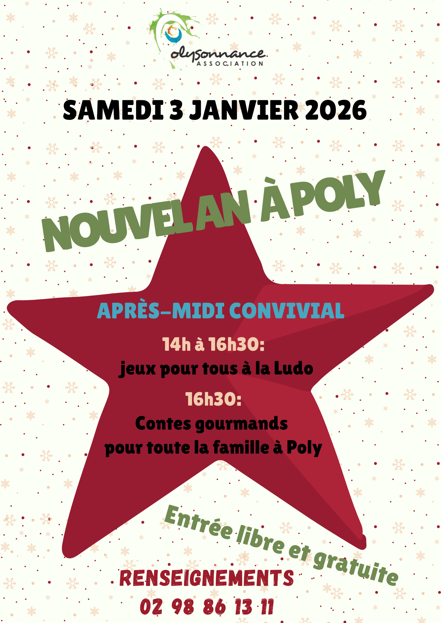 On vous attend samedi 3 janvier 2026 pour une après-midi à Poly avec Jeux et Contes gourmands pour tous. Entrée libre et gratuite!
