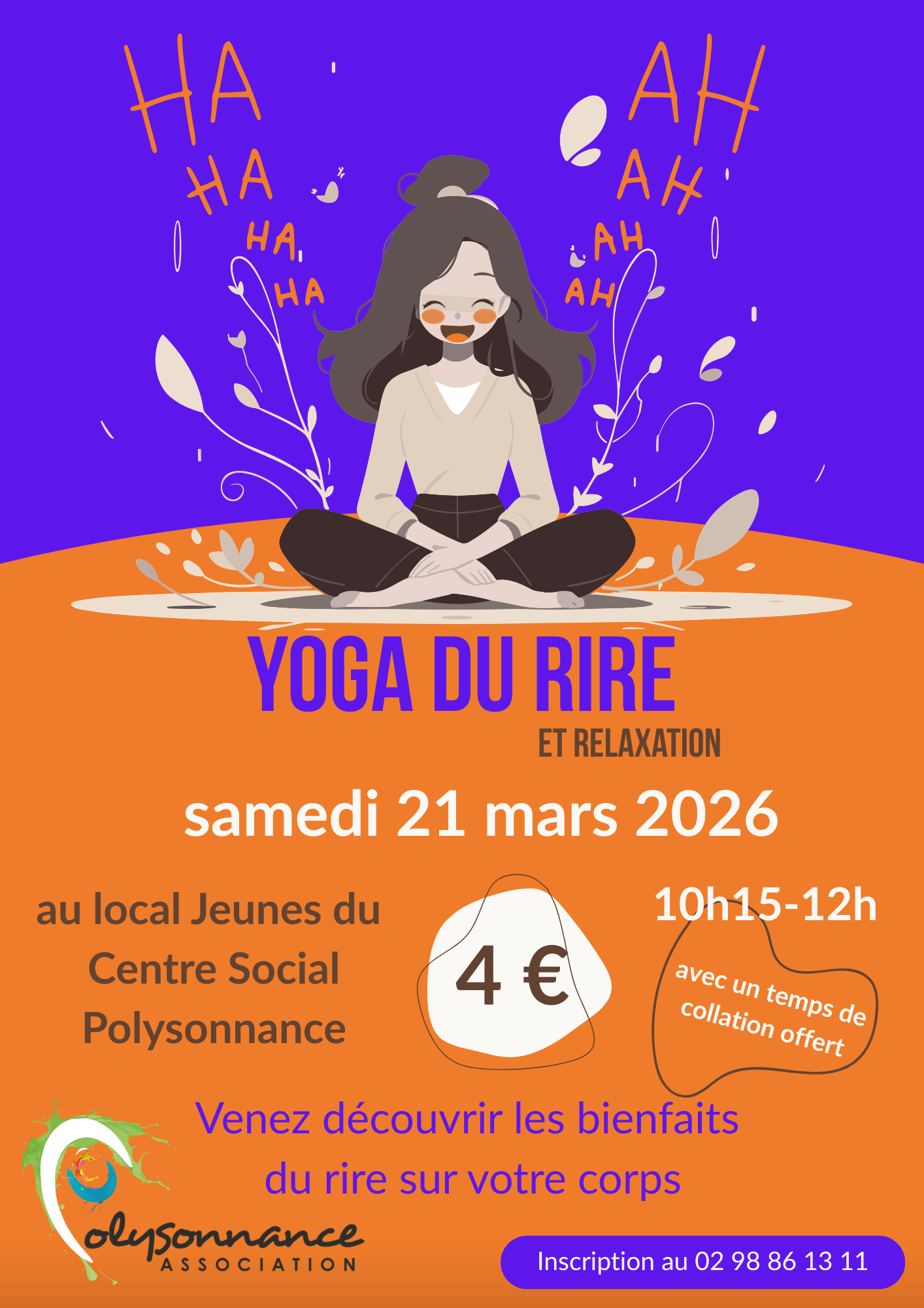 Nouvelle séance du Yoga du Rire samedi 21 mars 2026 pour se détendre les zygomatiques!!!! info et inscription: 02 98 86 13 11
