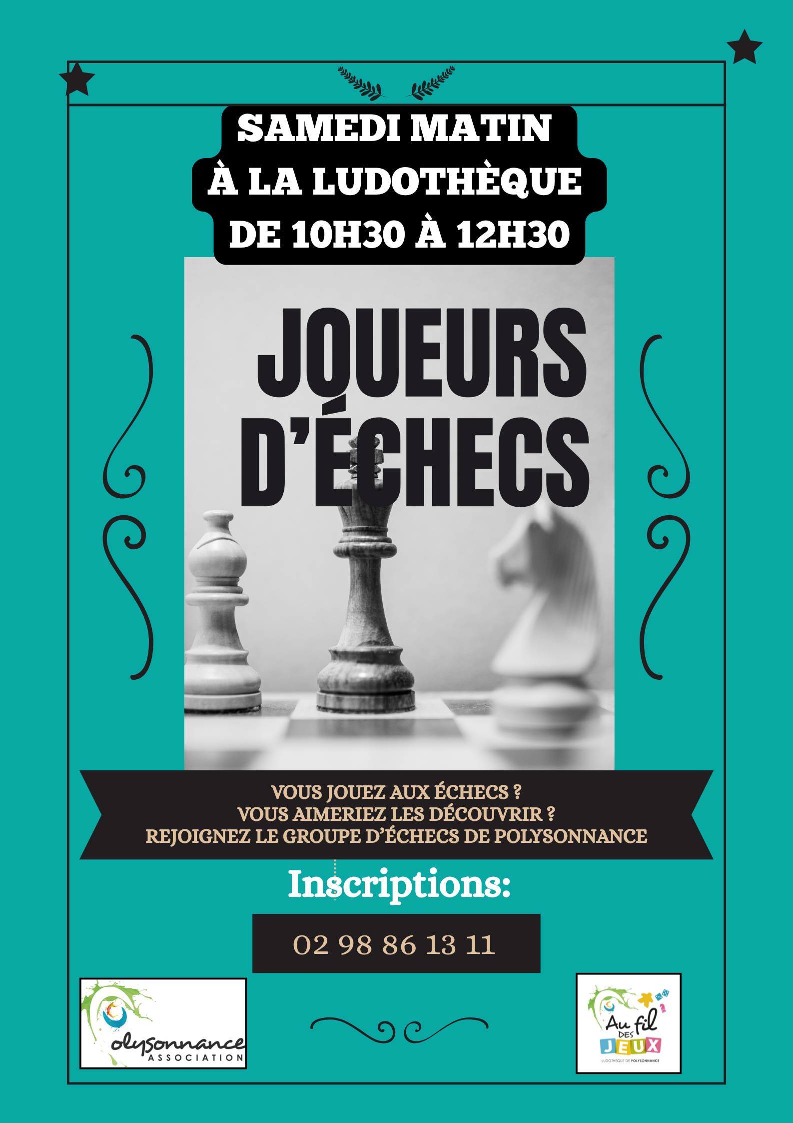 Venez découvrir notre Club d&rsquo;échecs le samedi matin à la Ludothèque. Inscriptions: 02 98 86 13 11