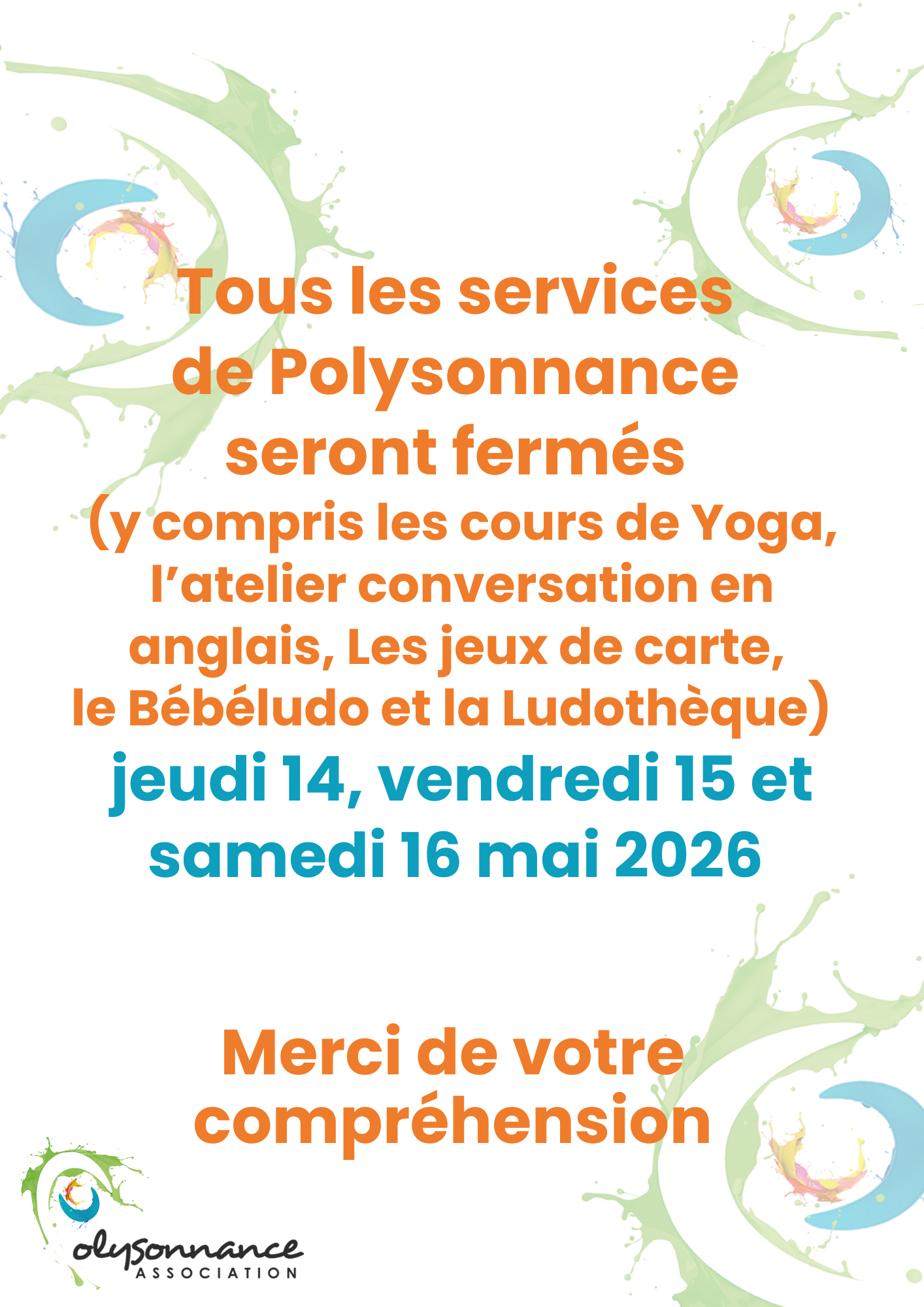 Fermeture exceptionnelle de Polysonnance les 14,15 et 16 mai 2026