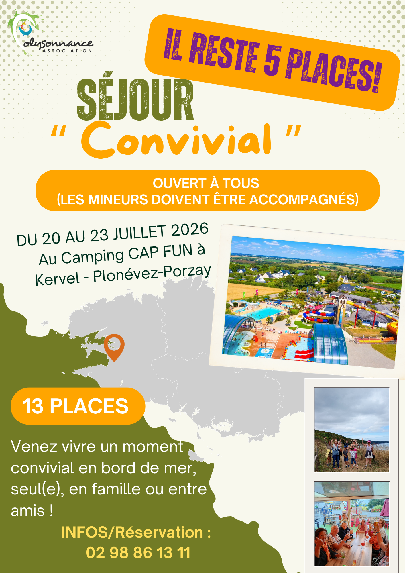Partez pour un séjour convivial en solo, duo ou en famille (mineurs accompagnés) au CAP FUN de Kervel avec Polysonnance du 20 au 23 juillet 2026.Il ne reste plus que 5 places alors n&rsquo;hésitez plus!