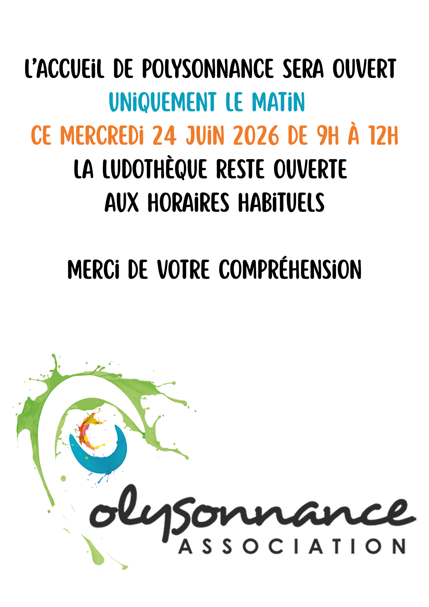 En raison des fortes chaleurs, fermeture exceptionnelle de l&rsquo;accueil de Poly l&rsquo;après-midi du mercredi 24 juin 2026. La ludothèque reste quant à elle ouverte aux horaires habituels