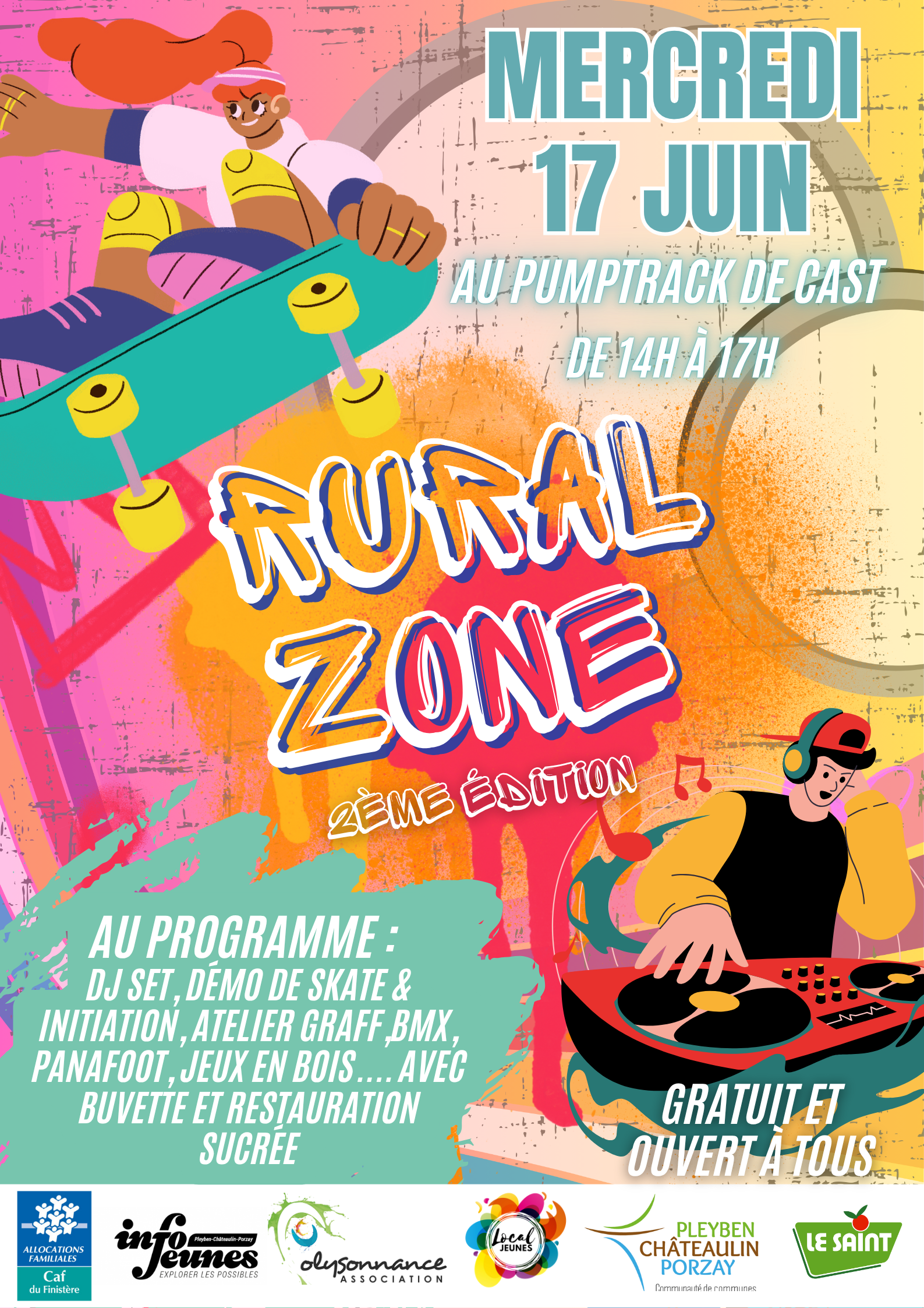 Moment festif gratuit, à partager entre amis, en famille, avec surf mécanique et granités à gogo!!!! C&rsquo;est la RURAL ZONE au Pumptrack de Cast le mercredi 17 juin de 14h à 17h. Info: 02 98 86 13 11