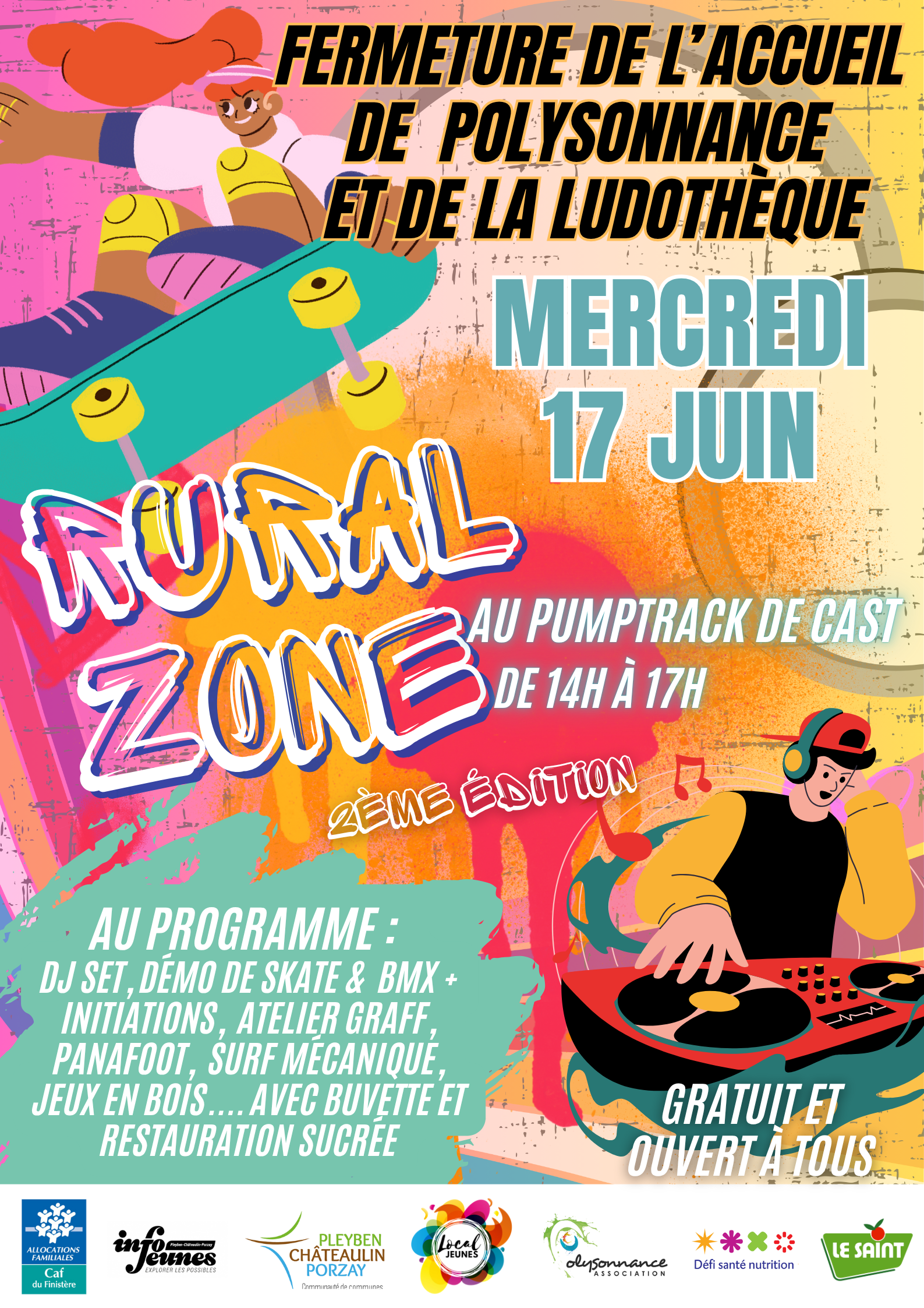 Fermeture de Polysonnance (accueil, local jeunes et ludothèque) ce mercredi 17 juin pour cause d&rsquo;animation. Rejoignez nous à Cast pour la RURAL ZONE de 14h à 17h!