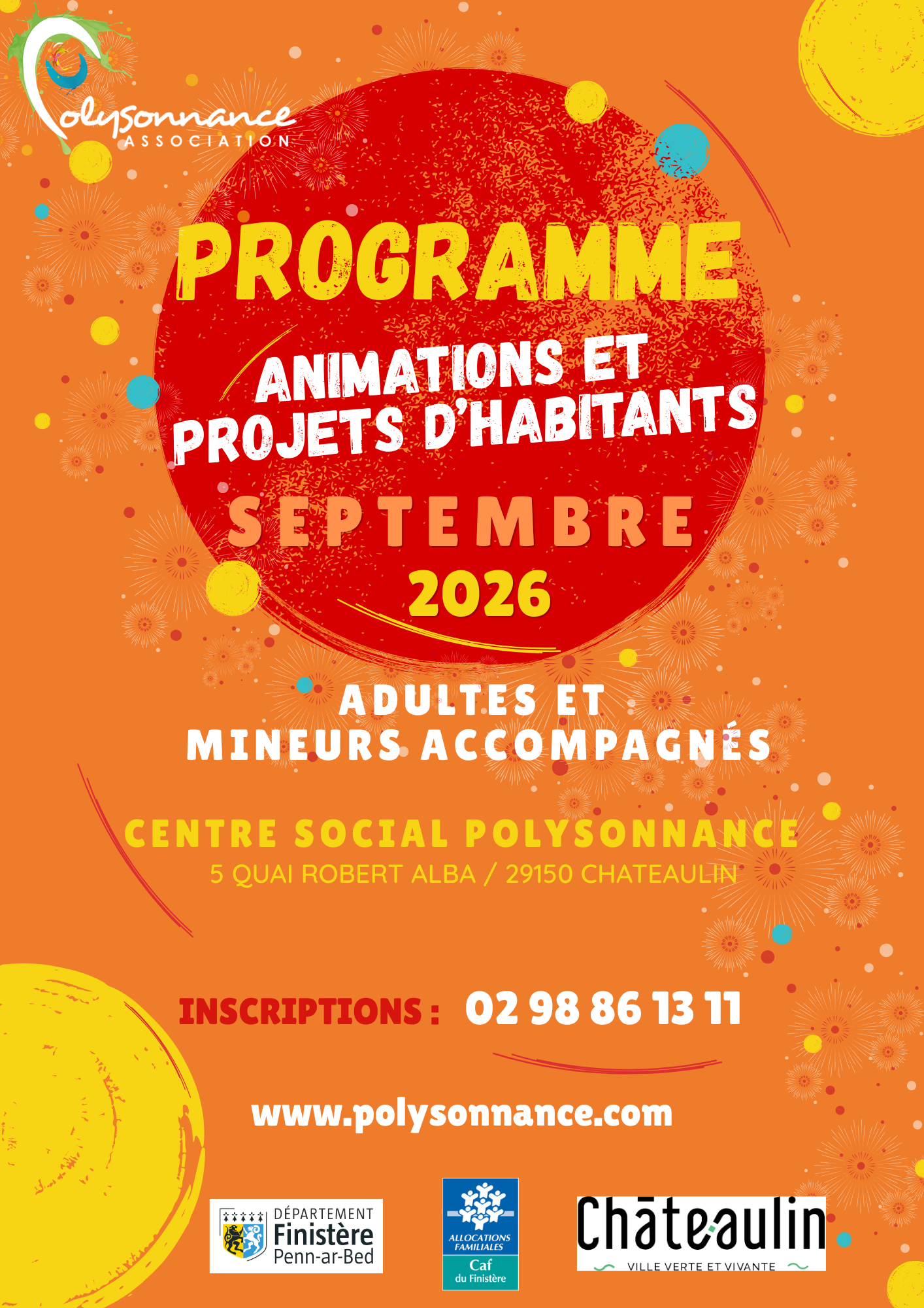 Voici le programme des sorties pour adultes et mineurs accompagnés pour la rentrée de septembre. Inscriptions à partir du 25 août à 14h à l&rsquo;accueil de Polysonnance. Info: 02 98 86 13 11. Bonnes vacances!!