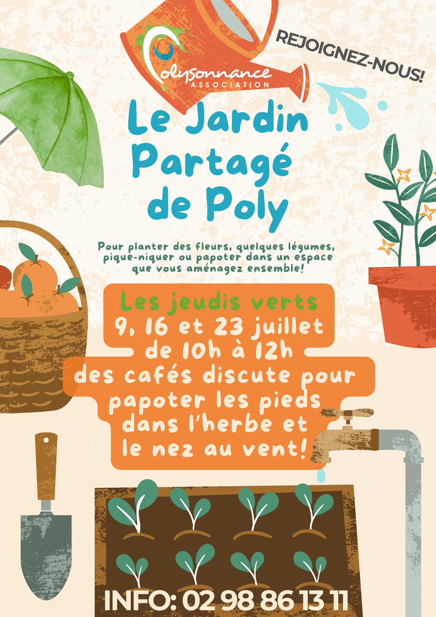 Voici venir les jeudis verts: 9, 16 et 23 juillet de 10h à 12h: des cafés discute pour papoter les pieds dans l’herbe et le nez au vent! Jardin Partagé de Poly à Quimill, info: 02 98 86 13 11