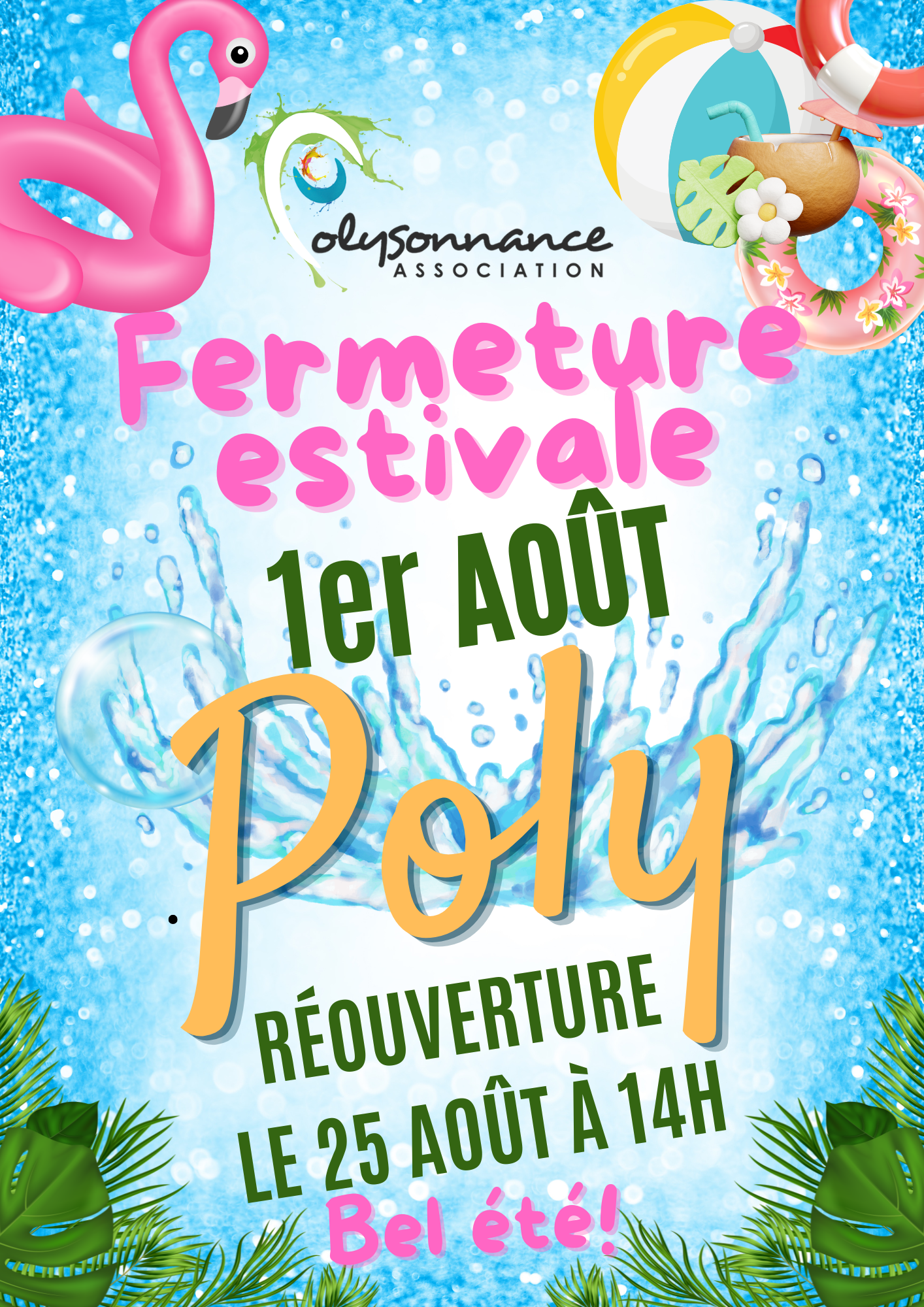 Une petite pause pour l&rsquo;équipe de Poly! On se retrouve le 25 août à partir de 14h avec une reprise des activités la semaine du 14 septembre, sans oublier le forum de Pleyben (pour le Badminton et le service Info Jeunes) le 29 août de 9h à 12h et le forum de Châteaulin le 12 septembre de 14h à 17h. Bonnes vacances!