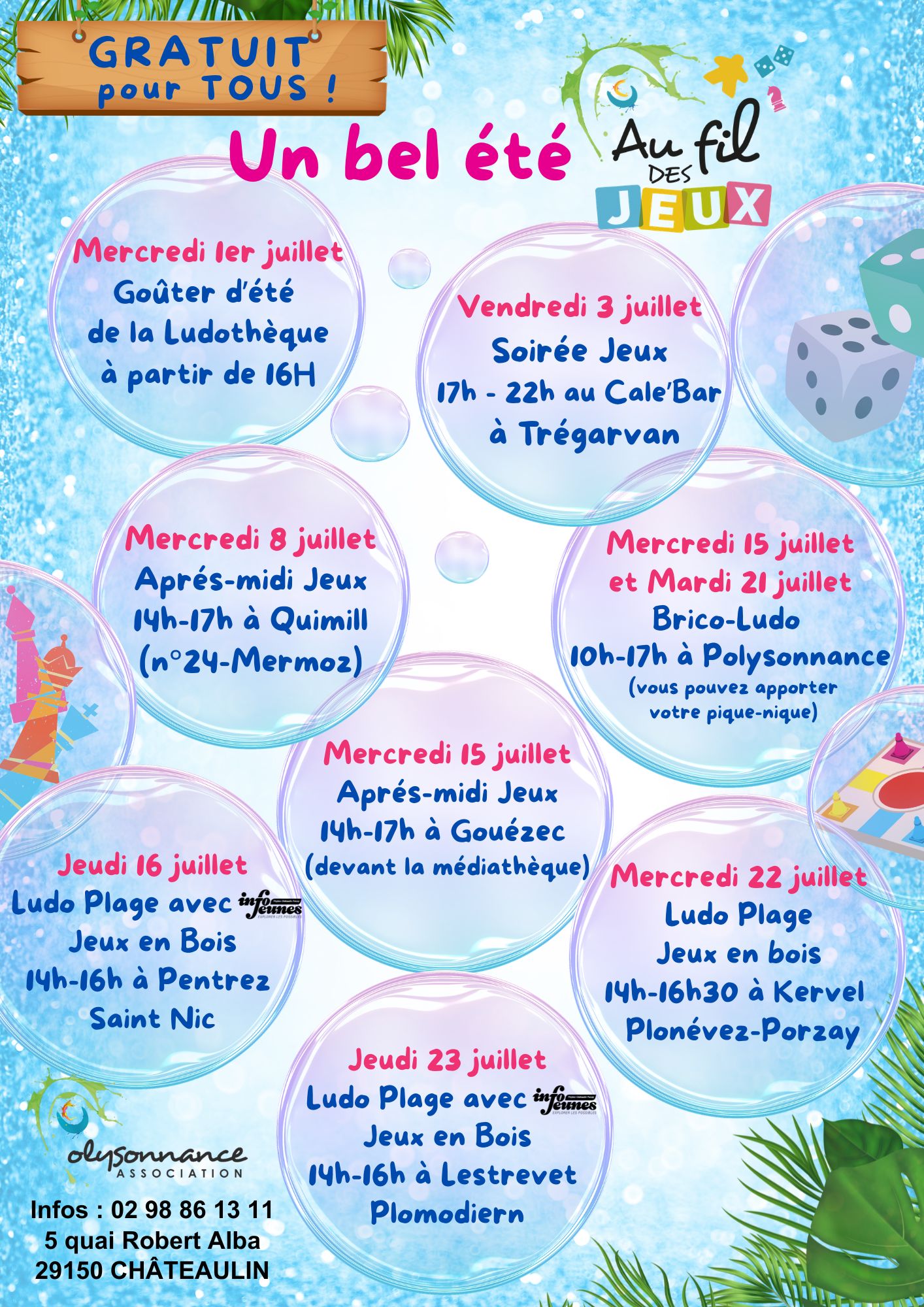 La Ludothèque vous accueille cet après-midi avec, à 16h, un goûter pour fêter l&rsquo;été! Réouverture en septembre et en attendant retrouvez la Ludo à Trégarvan, Gouézec, Quimill, Pentrez, Lestrevet, Kervel…. Info: 0298 86 13 11