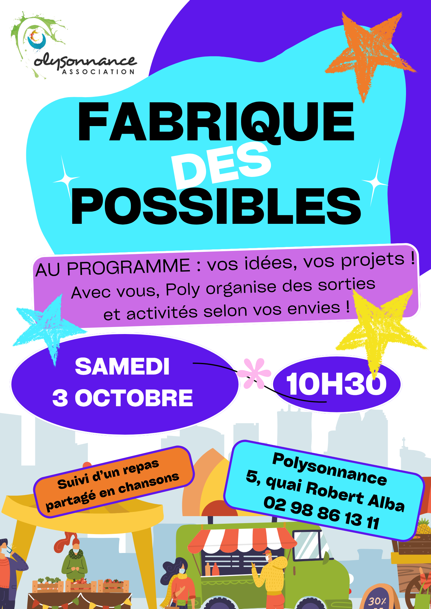Rendez-vous mensuel pour vos envies, vos projets, vos rêves!!!!!! La Fabrique des Possibles c&rsquo;est samedi 3 octobre à 10h30 à Polysonnance! Suivi d&rsquo;un repas partagé. Sans inscription. Info: 02 98 86 13 11