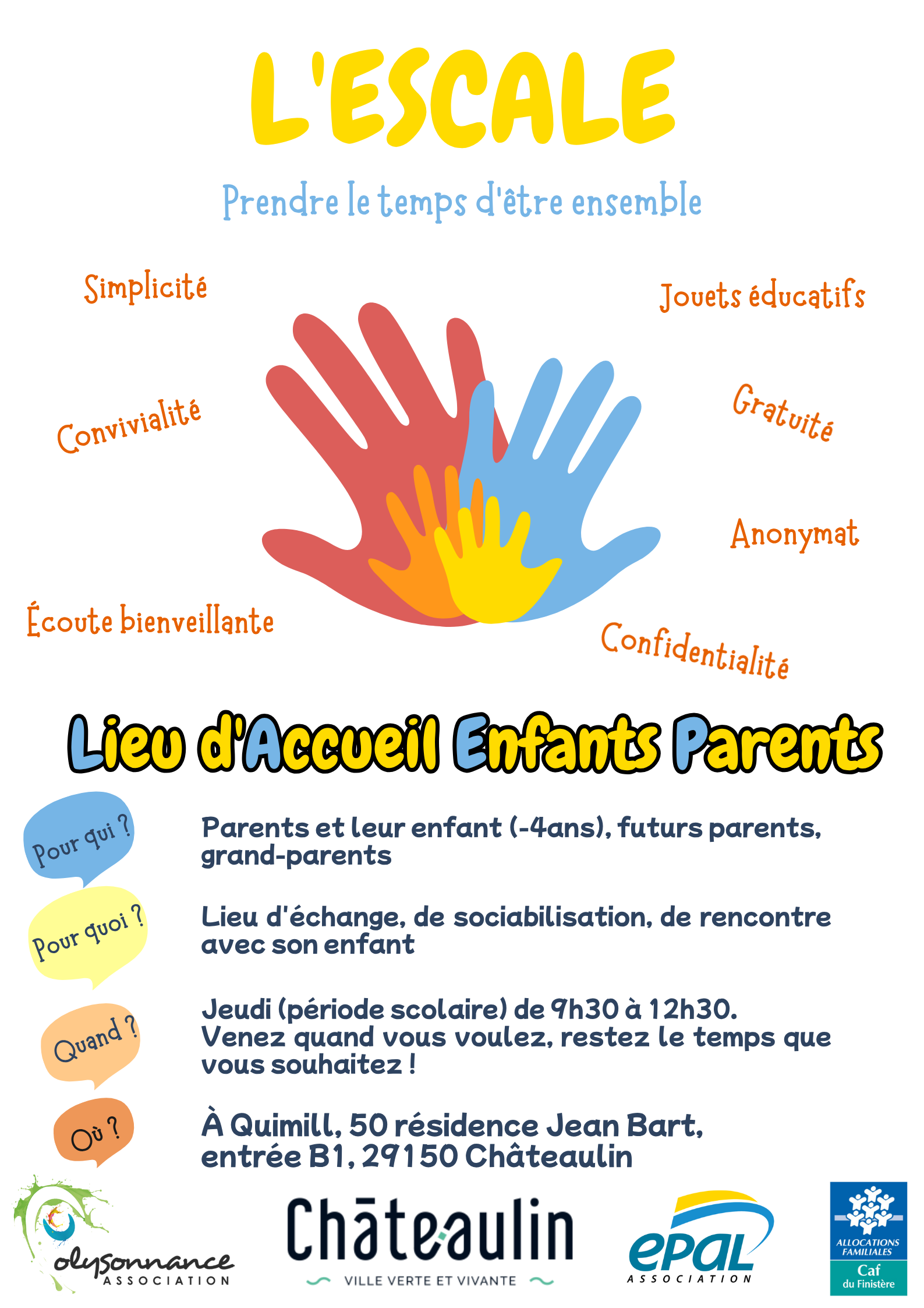 L&rsquo;Escale réouvre ses portes pour accueillir les parents et leurs enfants (âgés de moins de 4 ans) à partir du 10 septembre 2026, tous les jeudis (sauf vacances scolaires). Sans inscription, sans réservation.